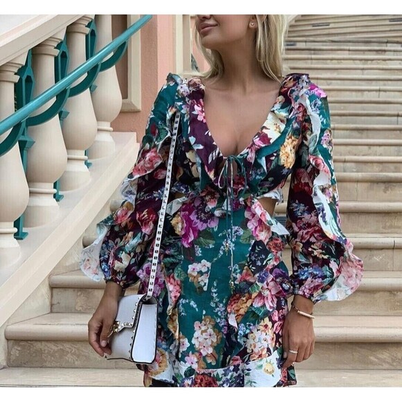 NWT. ZIMMERMANN Allia Ruffled Floral-print Linen Mini Dress AU0 / US4 green - Picture 3 of 16